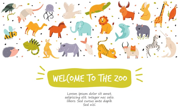 Banner horizontal con variedad de animales salvajes Wekcome to the Zoo