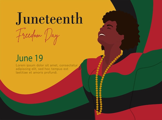 Banner horizontal vectorial con mujer negra en color de fondo rojo, verde y negro de la bandera africana Día de la Libertad o Emancipación Banner anual de vacaciones estadounidenses para la impresión de redes sociales del sitio web