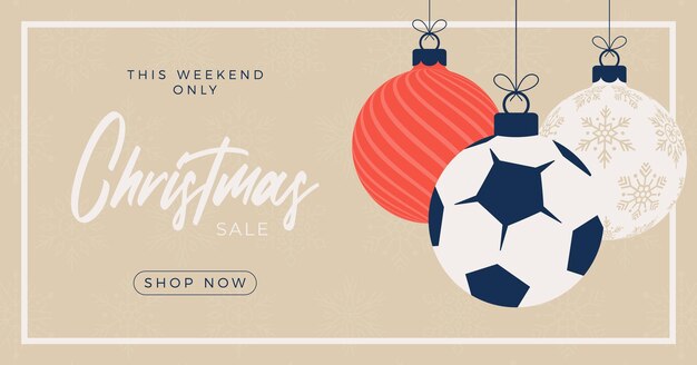 Banner horizontal de venta de feliz Navidad de fútbol. Tarjeta de Navidad con balón de fútbol deportivo colgar de un hilo en el fondo. Ilustración vectorial plana y de dibujos animados
