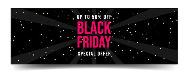 Banner horizontal venta de viernes negro oferta especial hasta 50 de descuento ilustración vectorial de fondo negro de plantilla de descuento