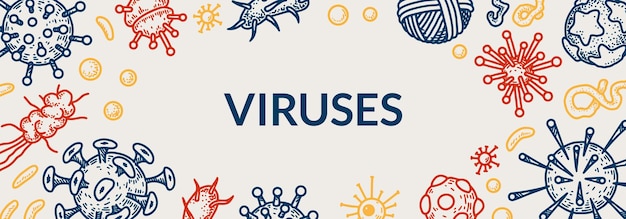 Vector banner horizontal de virus ilustración de vector científico en estilo boceto