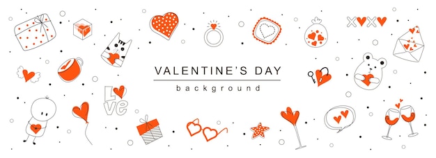Banner horizontal de la web del Día de San Valentín Corazones regalos cartas anillos besos amor y otros símbolos patrón en fondo blanco Ilustración vectorial para encabezado plantillas de portada de sitios web en diseño moderno