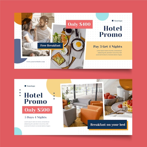 Vector banner de hotel de diseño plano con foto