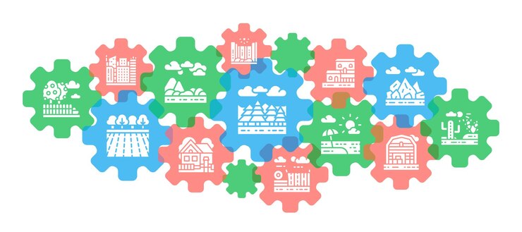 Vector banner de iconos de línea de paisaje puente bosque jardín volcán molino de viento conjunto de iconos aislado sobre fondo blanco