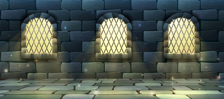 Vector banner de ilustración de estilo de dibujos animados de vector para videojuegos web. viejas ventanas de arco y luz misteriosa resplandeciente