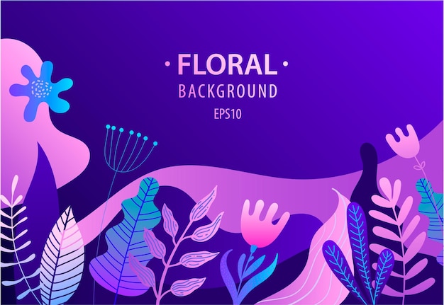 Banner de ilustración plana vectorial con hojas florales cielo de flores Fondo de colores degradados vibrantes brillantes para carteles de embalaje de cosméticos de aterrizaje web