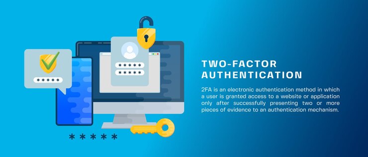 Vector banner de ilustración de seguridad de autenticación de dos factores notificación de confirmación de inicio de sesión con mensaje de código de contraseña iconos de bloqueo de escudo de cuenta de aplicación de computadora y teléfono móvil de smartphone aislados