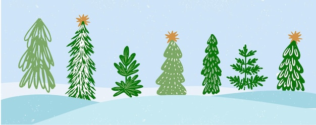 Banner con ilustración vectorial de árbol de Navidad Colección de árboles de Navidad decorativos bonitos dibujados a mano fondo de clima nevado Diseño para decoración de pegatinas obras de arte de carteles de cartel