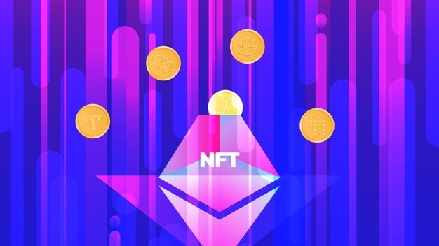 Banner de ilustración vectorial con monedas NTF y volcán. Criptomoneda única no fungible. Formato horizontal de fondo brillante