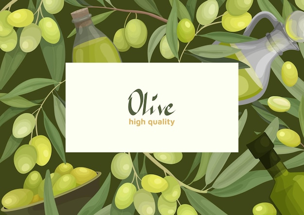 Banner de ilustración vectorial o marco con ramas de olivo, frutas, botellas de aceite de oliva. Para diseño de impresión o pancarta publicitaria, empaque o etiqueta de aceitunas