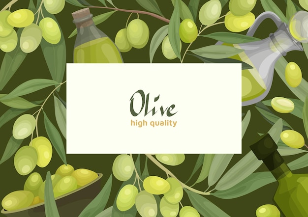 Banner de ilustración vectorial o marco con ramas de olivo, frutas, botellas de aceite de oliva. Para diseño de impresión o pancarta publicitaria, empaque o etiqueta de aceitunas