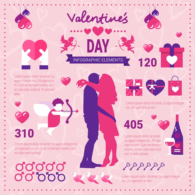 Vector banner de infografía moderna para el día de san valentín, conjunto de iconos de elementos de plantilla sobre fondo rosa con espacio de copia