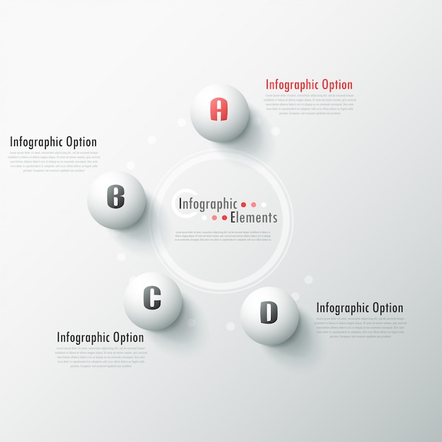 Banner infografía moderna opciones con esferas blancas