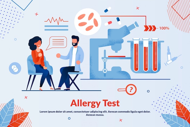 Vector banner informativo de prueba de alergia rotulación plana.