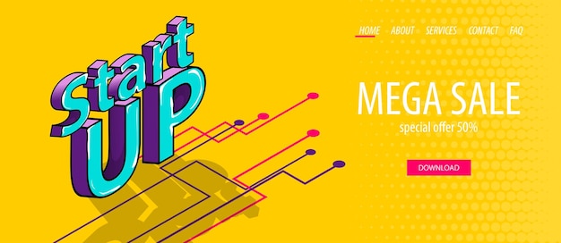 Banner de inicio isométrico para negocios digitales en aplicaciones móviles texto cómico infográfico 3d