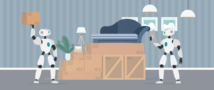 Vector banner de inicio en movimiento. mudarse a un nuevo lugar. un robot blanco sostiene una caja. cajas de cartón. el concepto de futuro, entrega y carga de mercancías mediante robots. vector.