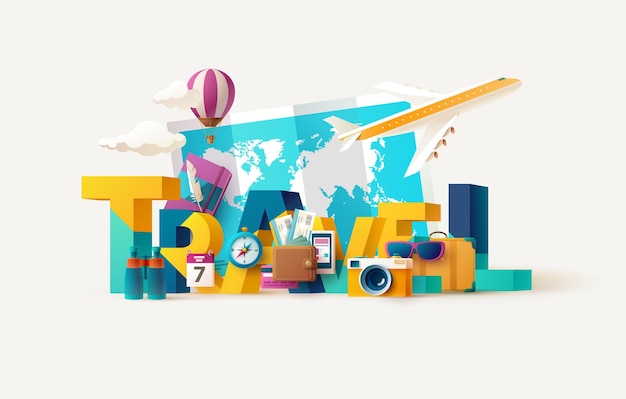 Banner de inscripción de viaje con artículos de ocio.