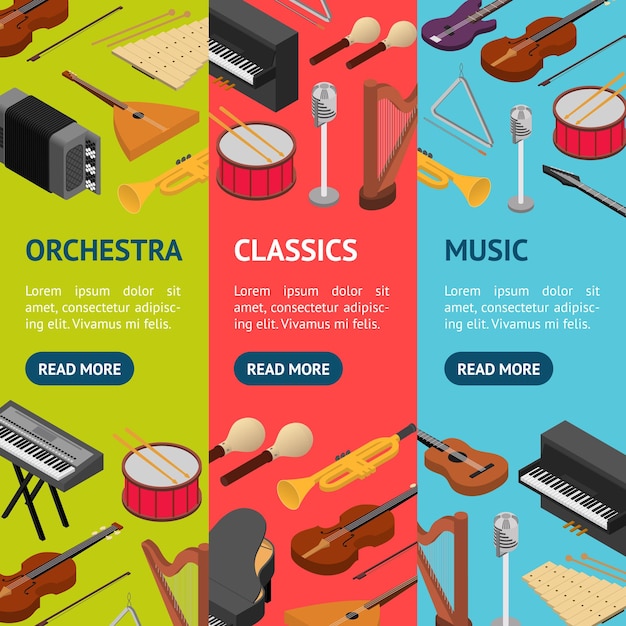 Banner de instrumentos musicales conjunto vecrtical conjunto vista isométrica vector