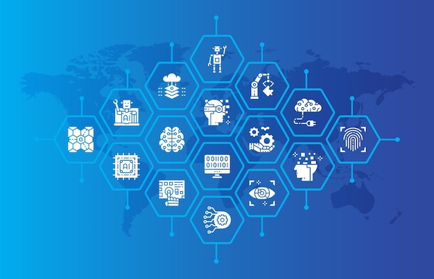 Banner de inteligencia artificial Robotics Chatbot Database Big Data ilustración para banner de página web