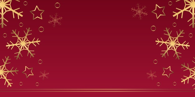 Banner de invierno horizontal vectorial con anillos de estrellas de copos de nieve dorados sobre fondo rojo