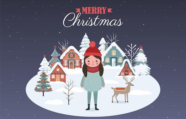Banner de invierno con niña árboles nevados casas cartel de fondo de diseño navideño escenas invernales