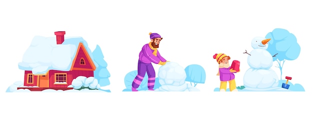 Banner de invierno con padre e hija jugando en la nieve.