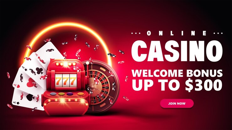 Banner de invitación de casino en línea para sitio web con máquina tragamonedas de botón Fichas de póquer de Casino Roulette y naipes en escena roja con anillo de neón amarillo en el fondo