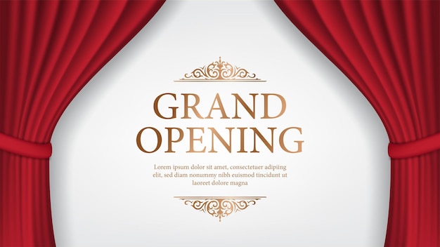 Banner de invitación a la gran apertura con plantilla de fondo de cortinas rojas y efecto de texto editable en 3D