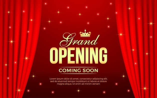 Banner de invitación a la gran inauguración realista con cortinas rojas elementos dorados y efecto de texto editable en 3D