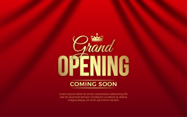 Banner de invitación a la gran inauguración realista con cortinas rojas elementos dorados y efecto de texto editable en 3D