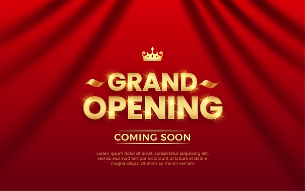 Banner de invitación a la gran inauguración realista con cortinas rojas elementos dorados y efecto de texto editable en 3D