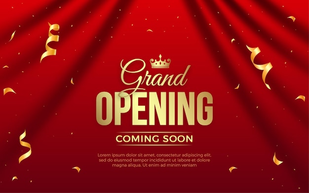 Banner de invitación a la gran inauguración realista con cortinas rojas elementos dorados y efecto de texto editable en 3D