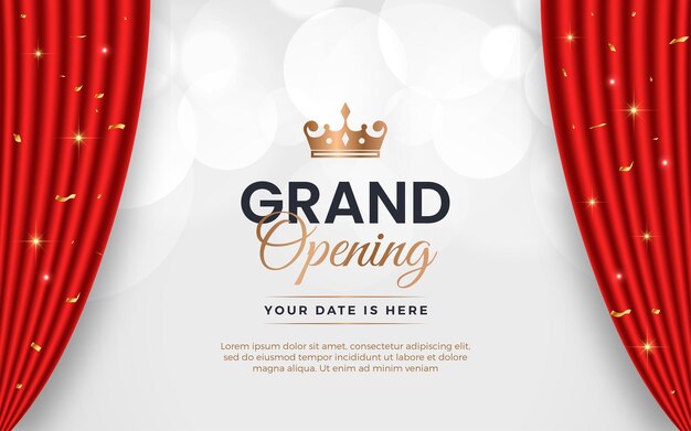 Banner de invitación a la gran inauguración realista con cortinas rojas elementos dorados y efecto de texto editable en 3D