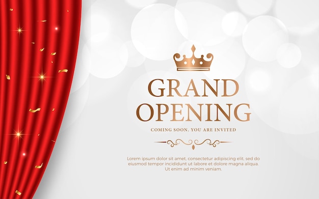 Banner de invitación a la gran inauguración realista con cortinas rojas elementos dorados y efecto de texto editable en 3D