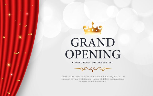 Banner de invitación a la gran inauguración realista con cortinas rojas elementos dorados y efecto de texto editable en 3D