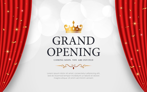 Banner de invitación a la gran inauguración realista con cortinas rojas elementos dorados y efecto de texto editable en 3D