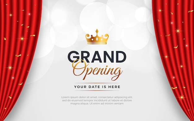 Banner de invitación a la gran inauguración realista con cortinas rojas elementos dorados y efecto de texto editable en 3D