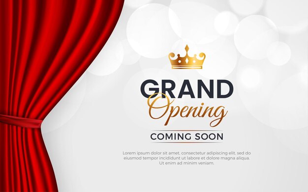 Banner de invitación a la gran inauguración realista con cortinas rojas elementos dorados y efecto de texto editable en 3D