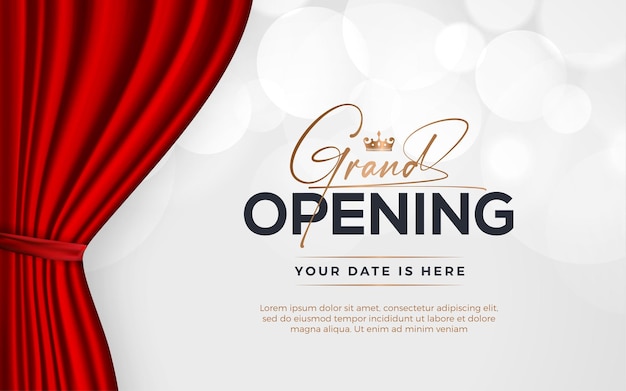 Banner de invitación a la gran inauguración realista con cortinas rojas elementos dorados y efecto de texto editable en 3D