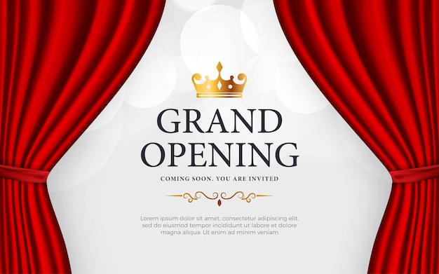 Banner de invitación a la gran inauguración realista con cortinas rojas elementos dorados y efecto de texto editable en 3D
