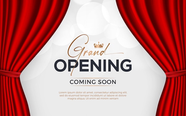 Banner de invitación a la gran inauguración realista con cortinas rojas elementos dorados y efecto de texto editable en 3D