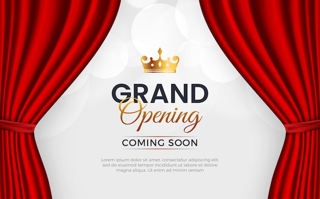 Banner de invitación a la gran inauguración realista con cortinas rojas elementos dorados y efecto de texto editable en 3D