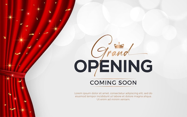 Banner de invitación a la gran inauguración realista con cortinas rojas elementos dorados y efecto de texto editable en 3D