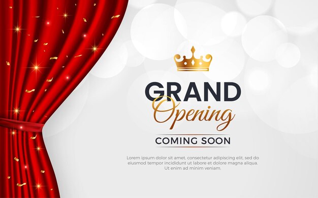 Banner de invitación a la gran inauguración realista con cortinas rojas elementos dorados y efecto de texto editable en 3D