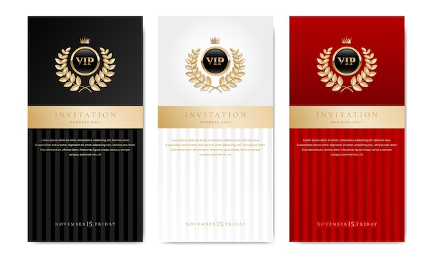 Banner de invitación VIP con elementos dorados en fondo rojo blanco negro Conjunto de diseño premium de lujo