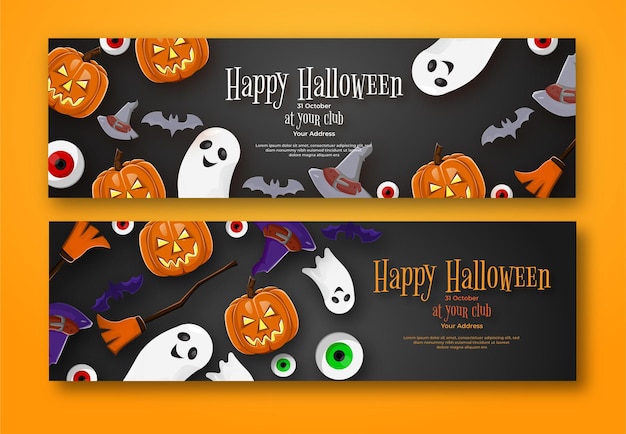 Banner de invitaciones de fiesta de halloween con calabazas con ojos de sombrero murciélago fantasma
