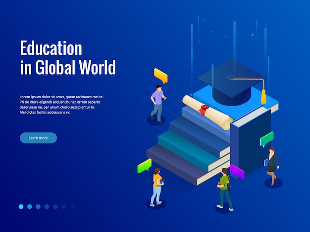 Banner isométrico para la educación web en el mundo global, concepto de aprendizaje en línea. Libros paso educación. ilustración vectorial