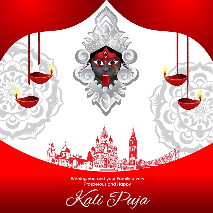 Banner de kali puja del festival indio de Bengala con fondo rojo y blanco