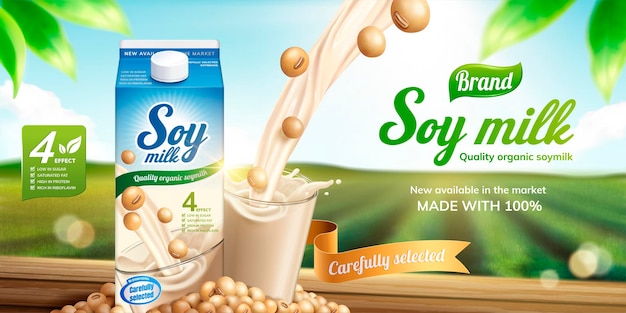 Banner de leche de soja con líquido vertido en un vaso de vidrio sobre la superficie del campo verde bokeh en estilo 3D