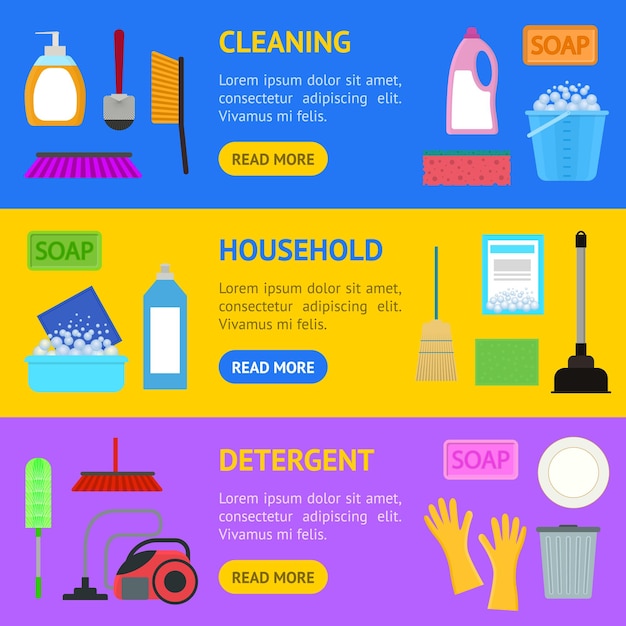Vector banner de limpieza doméstica de dibujos animados conjunto horizontal incluye un pincel, una botella de esponja, un cubo de guantes y un detergente ilustración vectorial de íconos